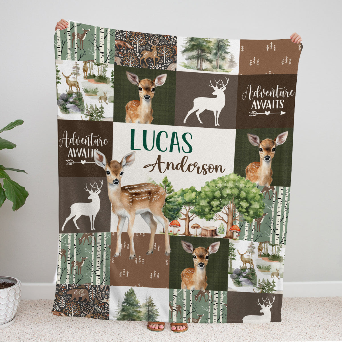 Personalized Baby Blankets for Boys Girl, Baby Woodland Stuff, Nursery Decor, for Son Daughter, Woodland Animal (Deer)