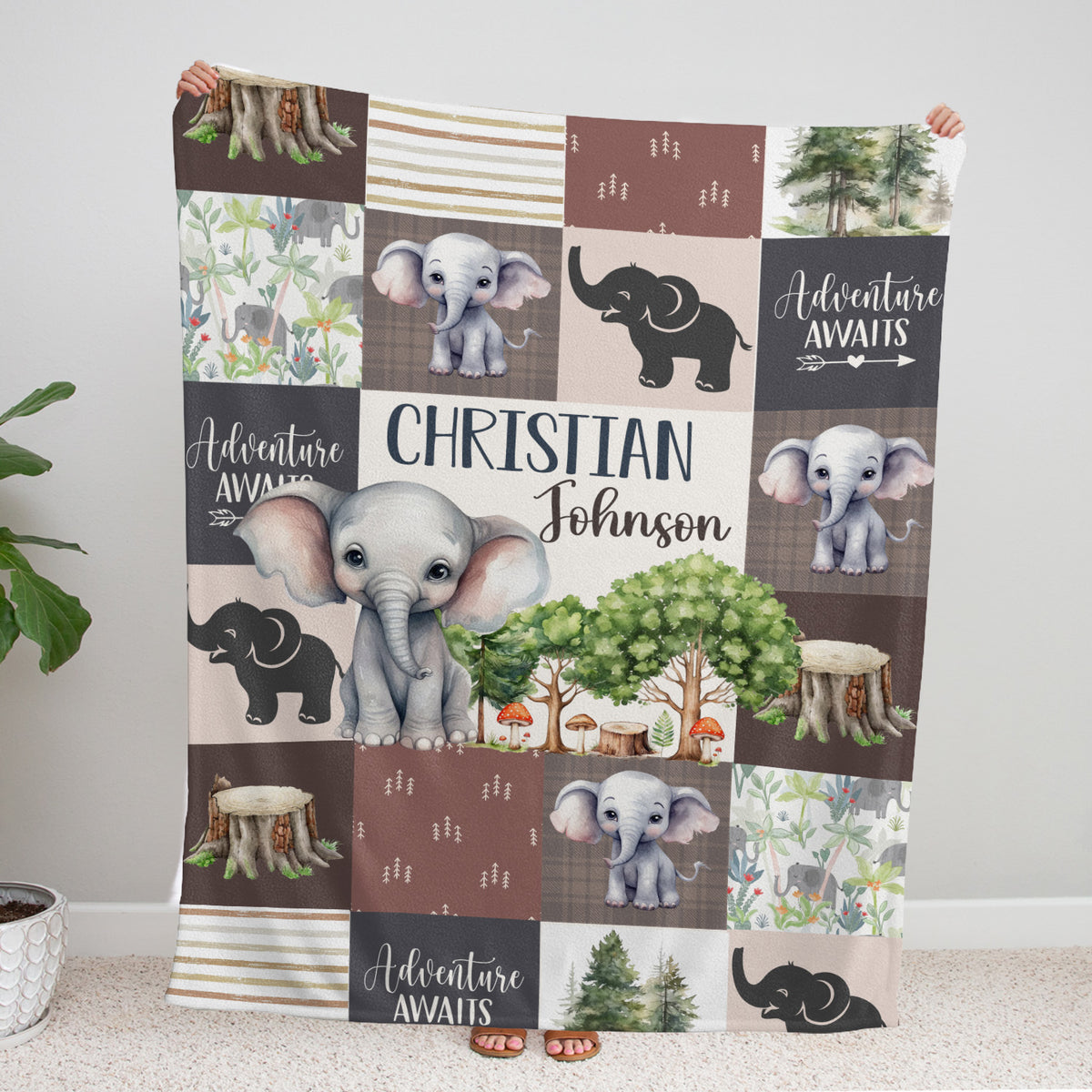 Personalized Baby Blankets for Boys Girl, Baby Woodland Stuff, Nursery Decor, for Son Daughter, Woodland Animal (Elephant)