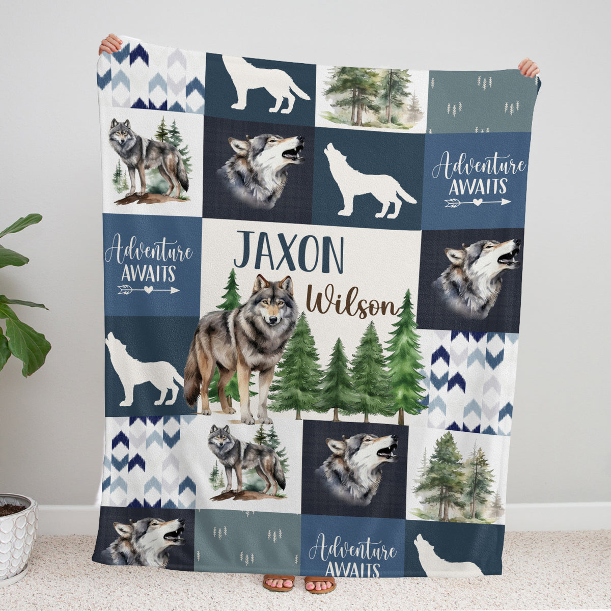 Personalized Baby Blankets for Boys Girl, Baby Woodland Stuff, Nursery Decor, for Son Daughter, Woodland Animal (Wolf)