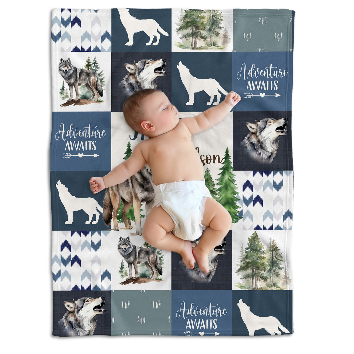 Personalized Baby Blankets for Boys Girl, Baby Woodland Stuff, Nursery Decor, for Son Daughter, Woodland Animal (Wolf)