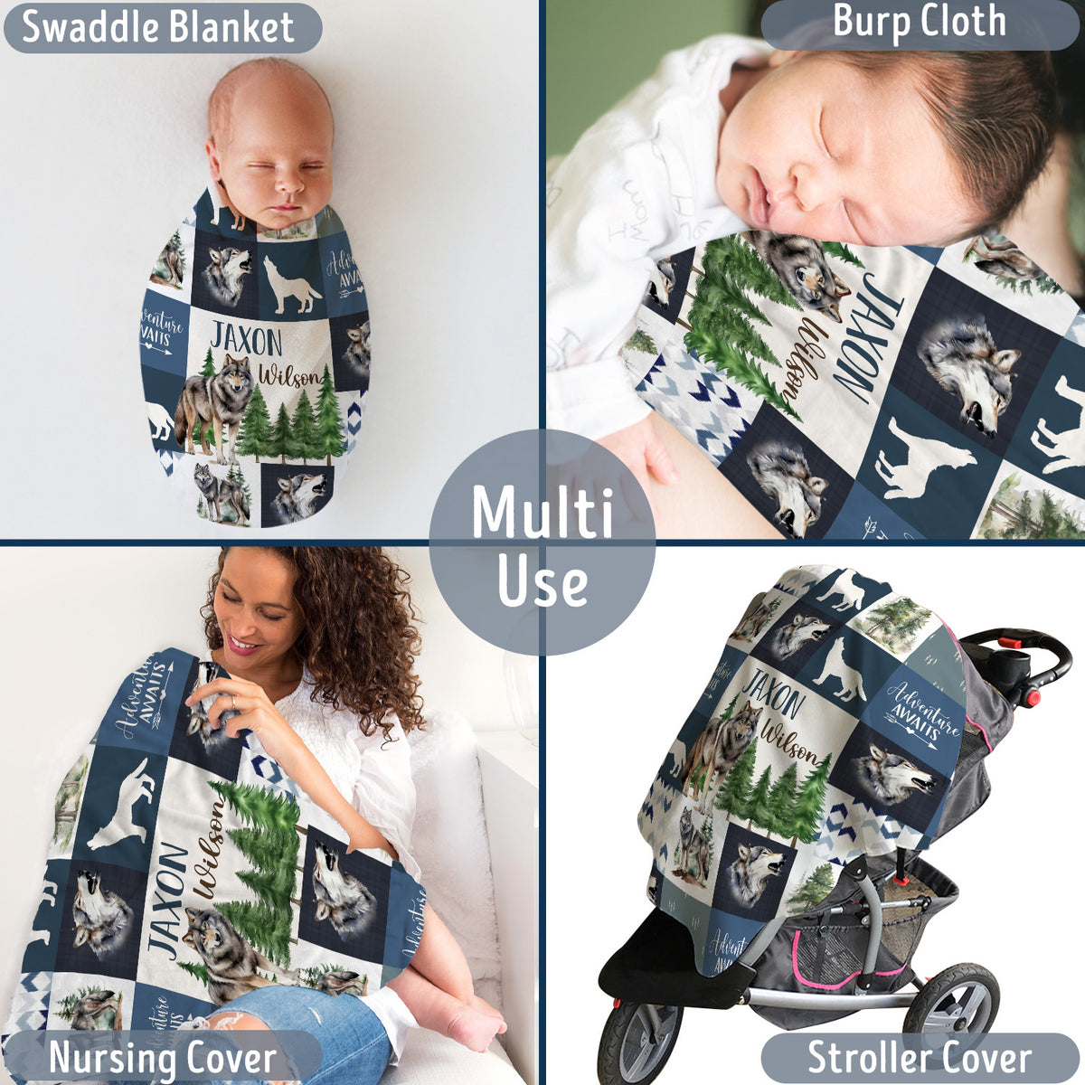 Personalized Baby Blankets for Boys Girl, Baby Woodland Stuff, Nursery Decor, for Son Daughter, Woodland Animal (Wolf)