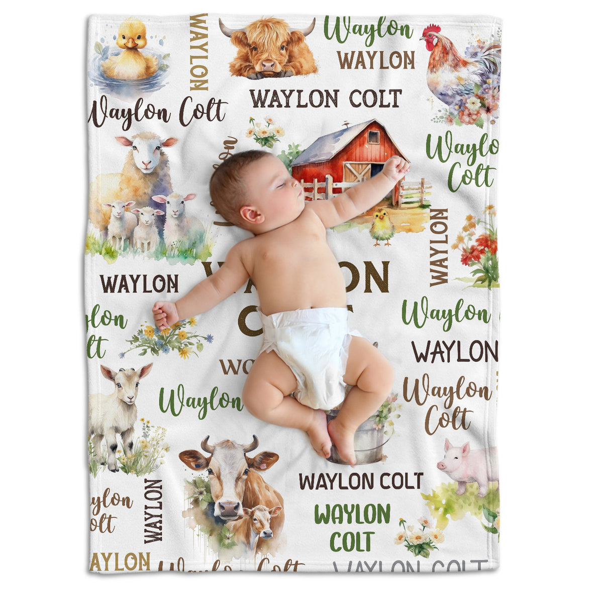 Personalized Baby Blankets for Boys Girl, Farm Animals Baby Blankets, Nursery Cow Chicken Pig Sheep Custom Name Baby Swaddle Blanket, 3 Sizes Plush Blankets