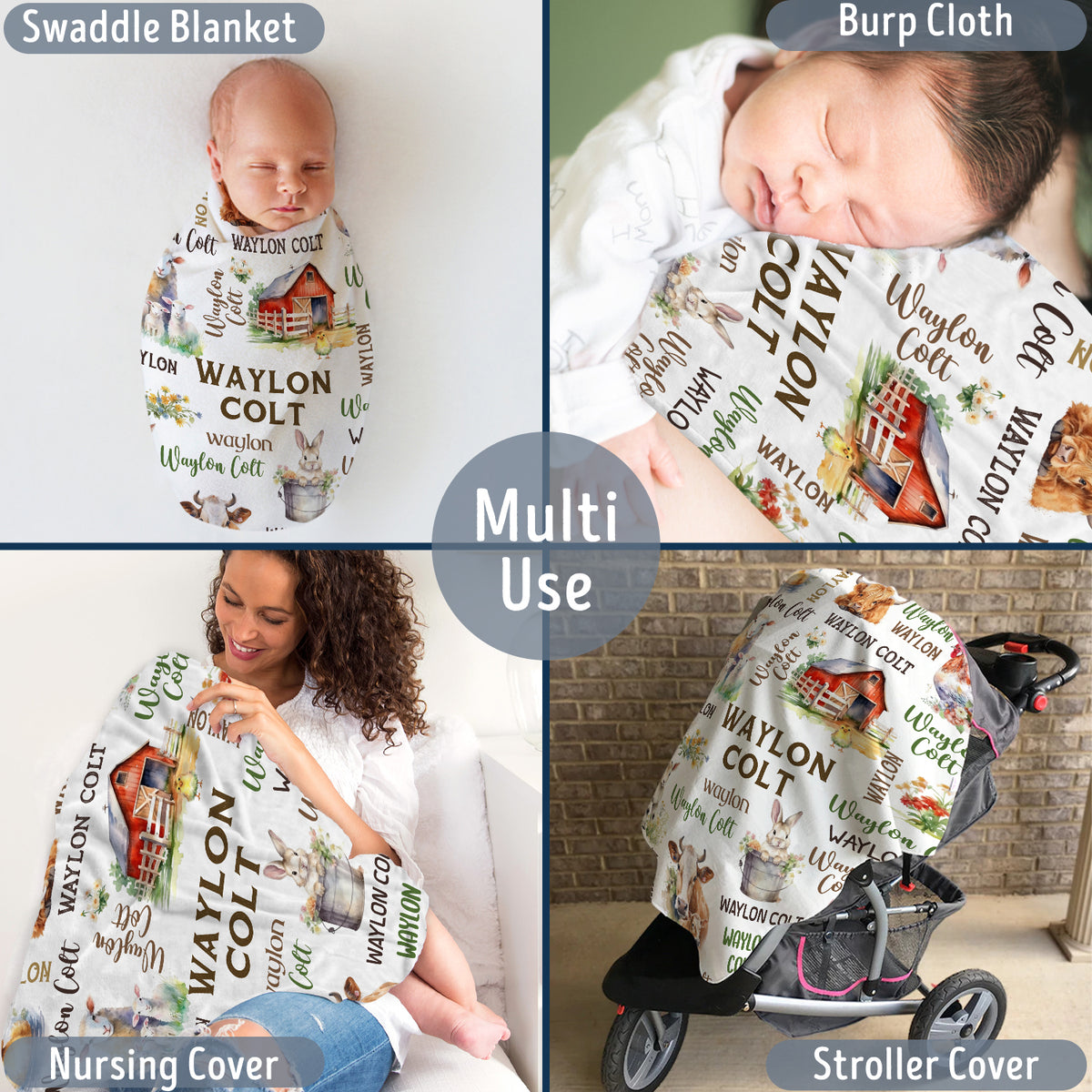 Personalized Baby Blankets for Boys Girl, Farm Animals Baby Blankets, Nursery Cow Chicken Pig Sheep Custom Name Baby Swaddle Blanket, 3 Sizes Plush Blankets