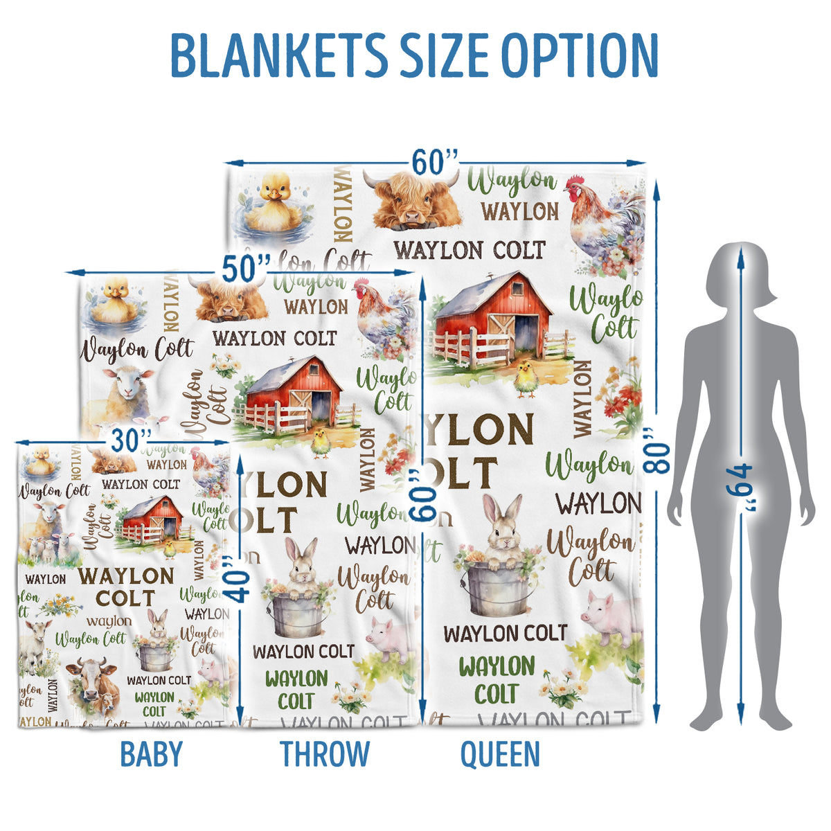 Personalized Baby Blankets for Boys Girl, Farm Animals Baby Blankets, Nursery Cow Chicken Pig Sheep Custom Name Baby Swaddle Blanket, 3 Sizes Plush Blankets
