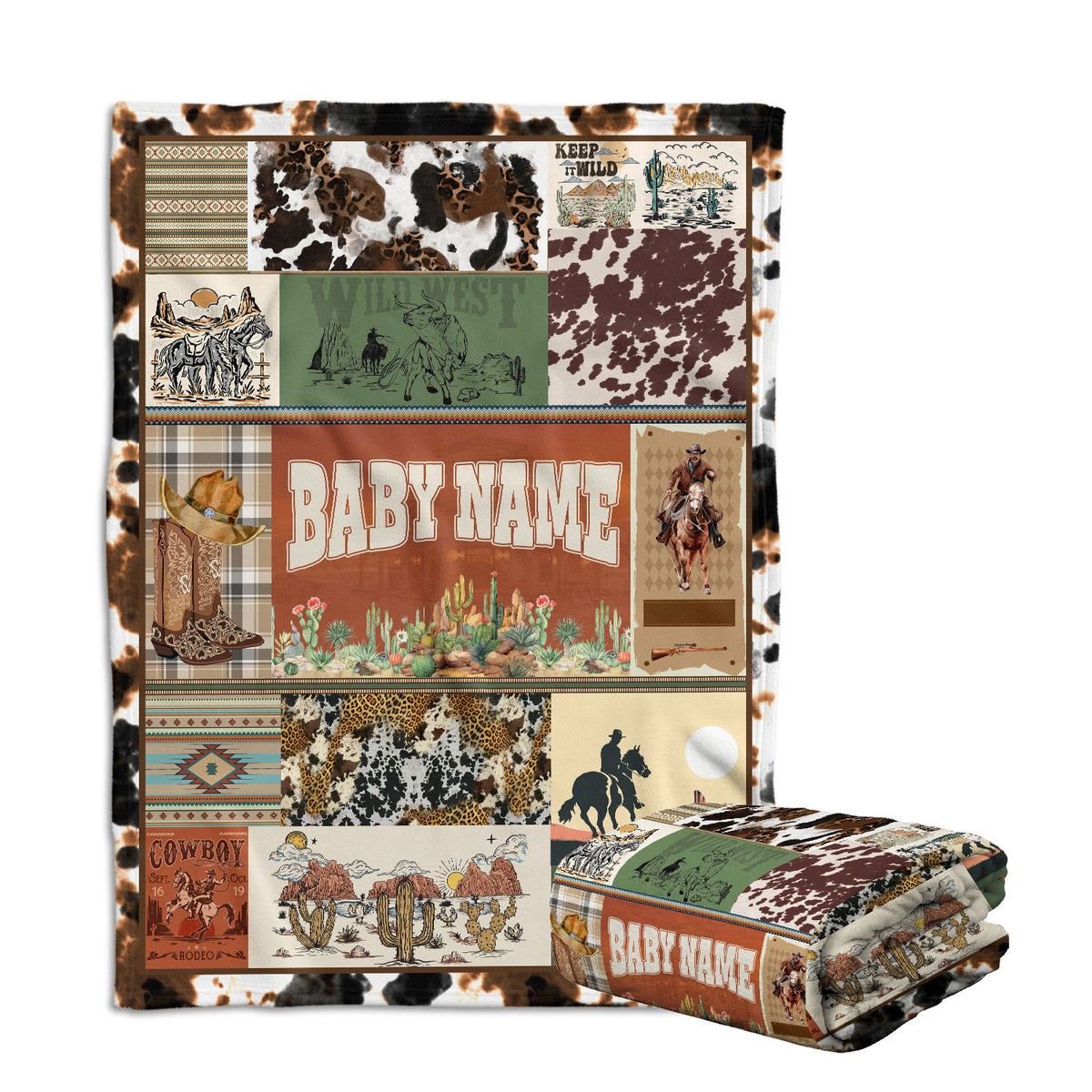 Personalized Baby Blankets for Boys Girls, Cowboy Baby Blanket Name, Swaddle Blanket with Cow Prints for Crib Stroller Bed Travel