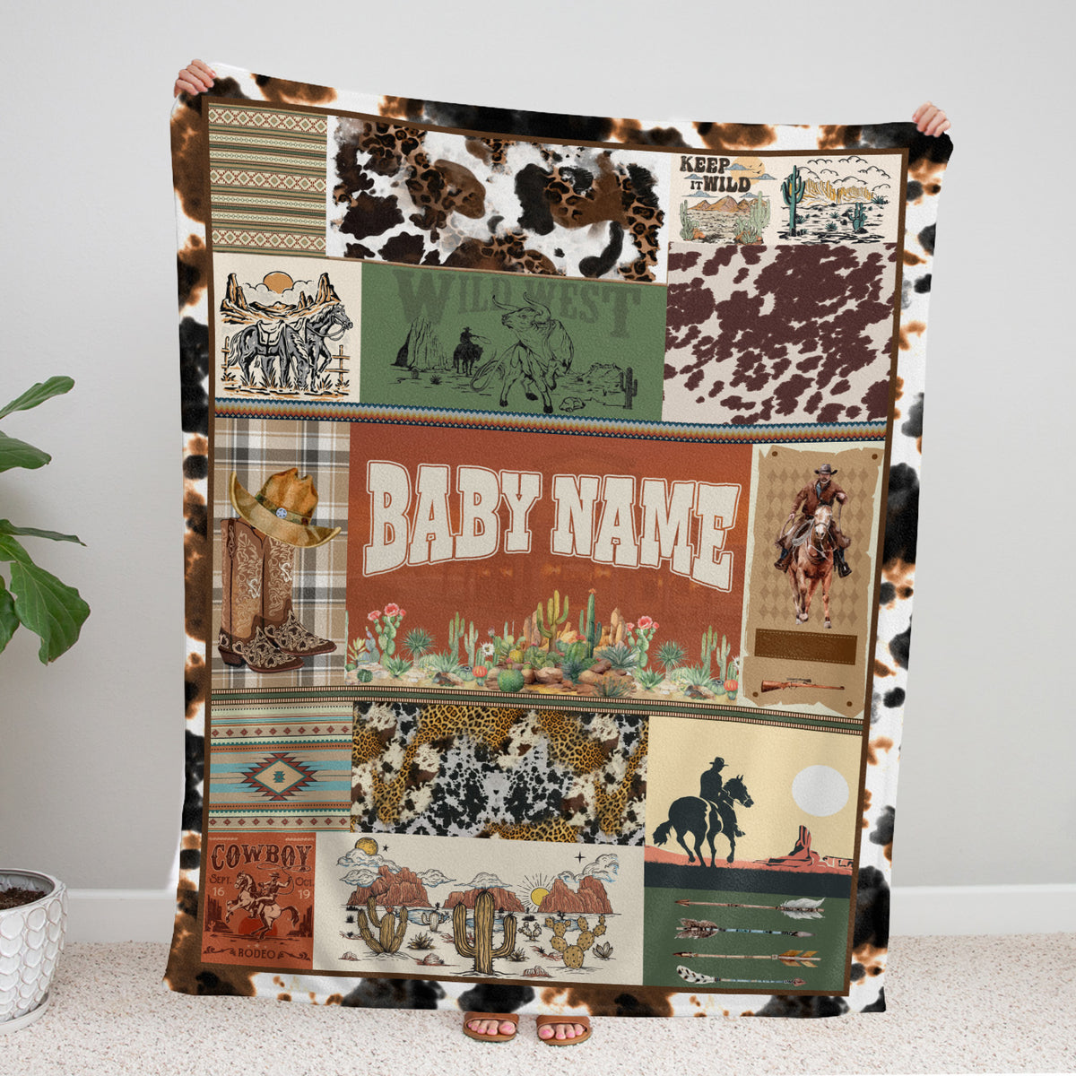Personalized Baby Blankets for Boys Girls, Cowboy Baby Blanket Name, Swaddle Blanket with Cow Prints for Crib Stroller Bed Travel