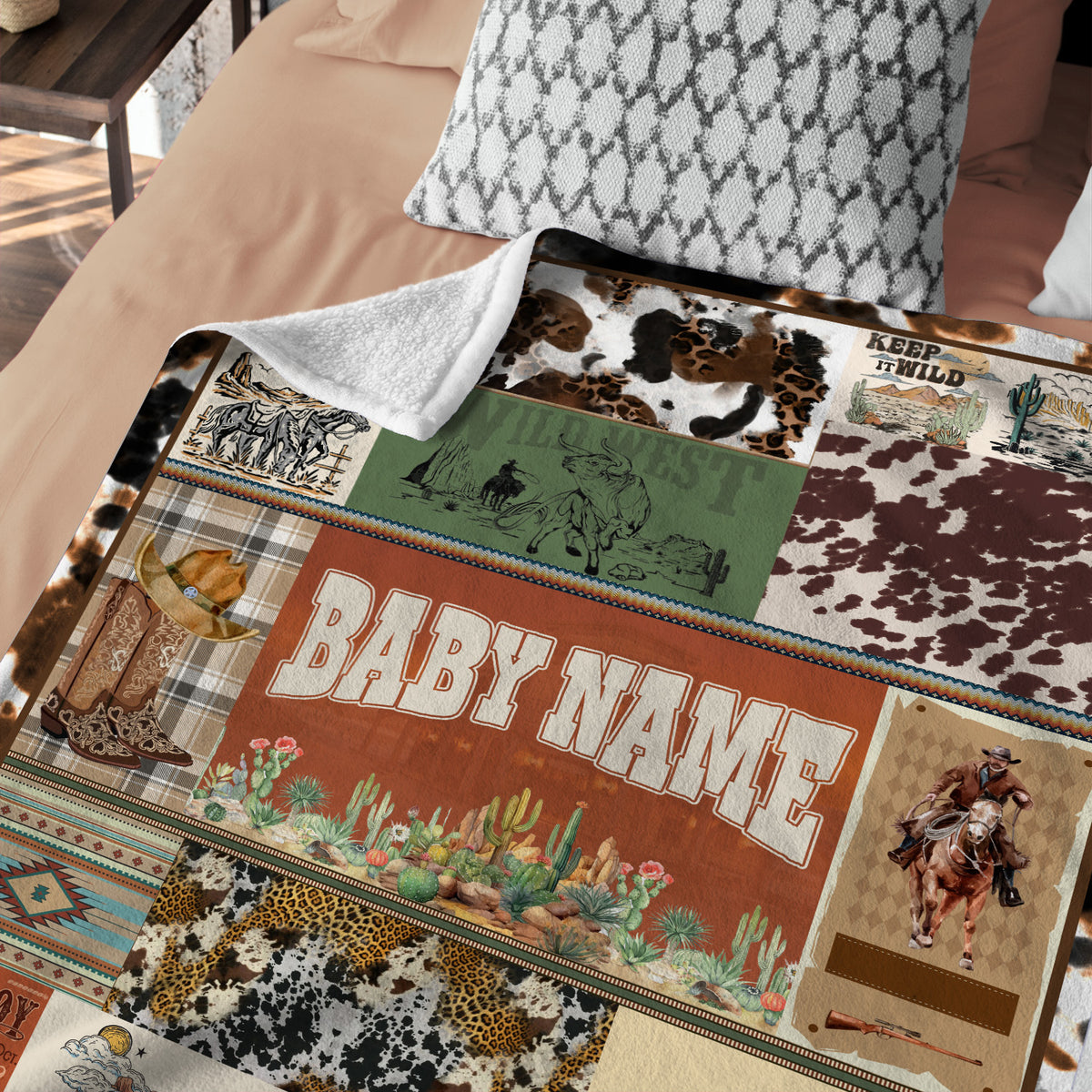 Personalized Baby Blankets for Boys Girls, Cowboy Baby Blanket Name, Swaddle Blanket with Cow Prints for Crib Stroller Bed Travel