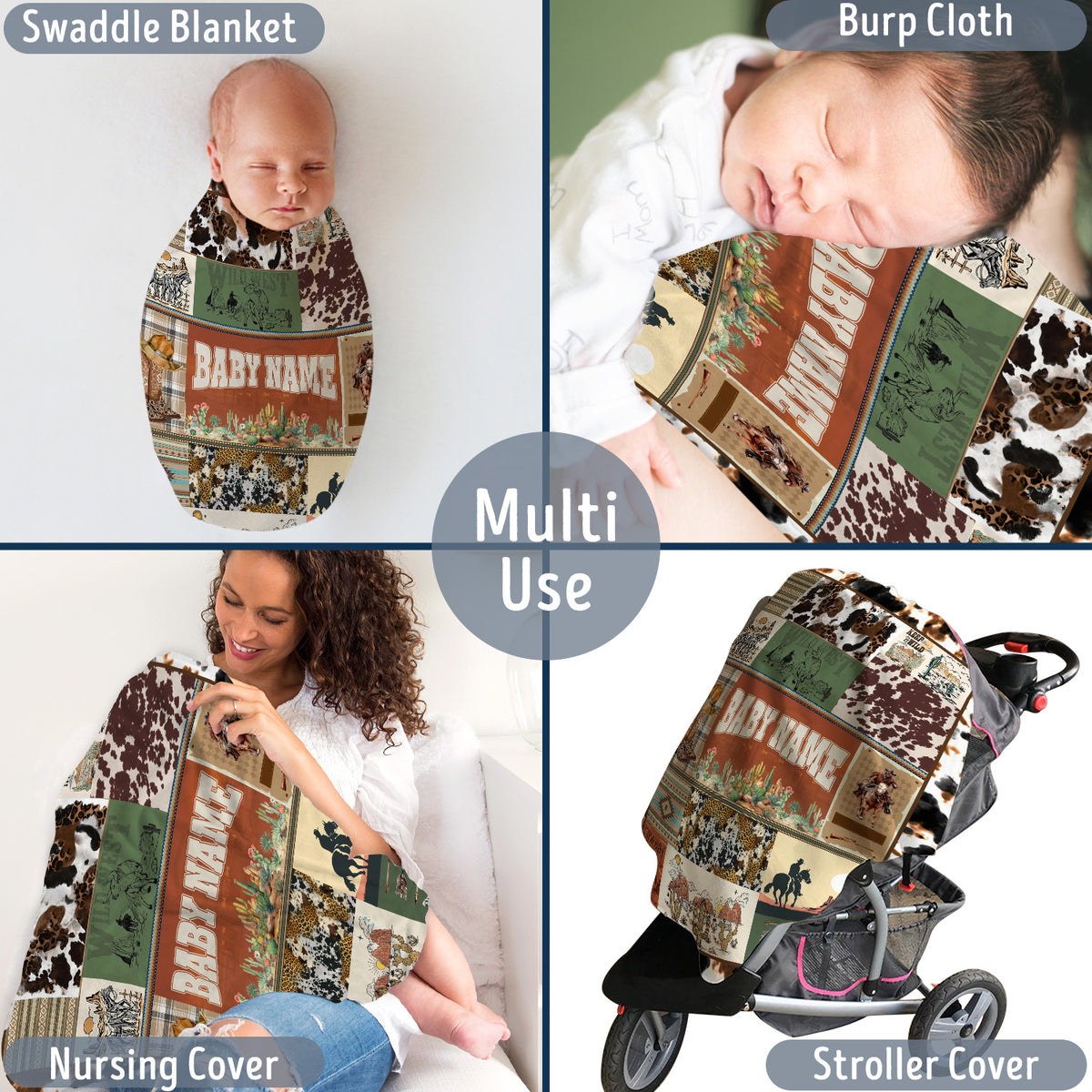 Personalized Baby Blankets for Boys Girls, Cowboy Baby Blanket Name, Swaddle Blanket with Cow Prints for Crib Stroller Bed Travel