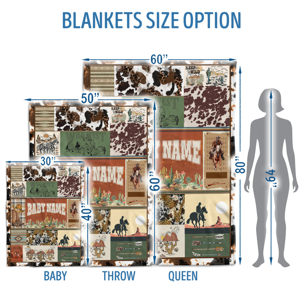 Personalized Baby Blankets for Boys Girls, Cowboy Baby Blanket Name, Swaddle Blanket with Cow Prints for Crib Stroller Bed Travel
