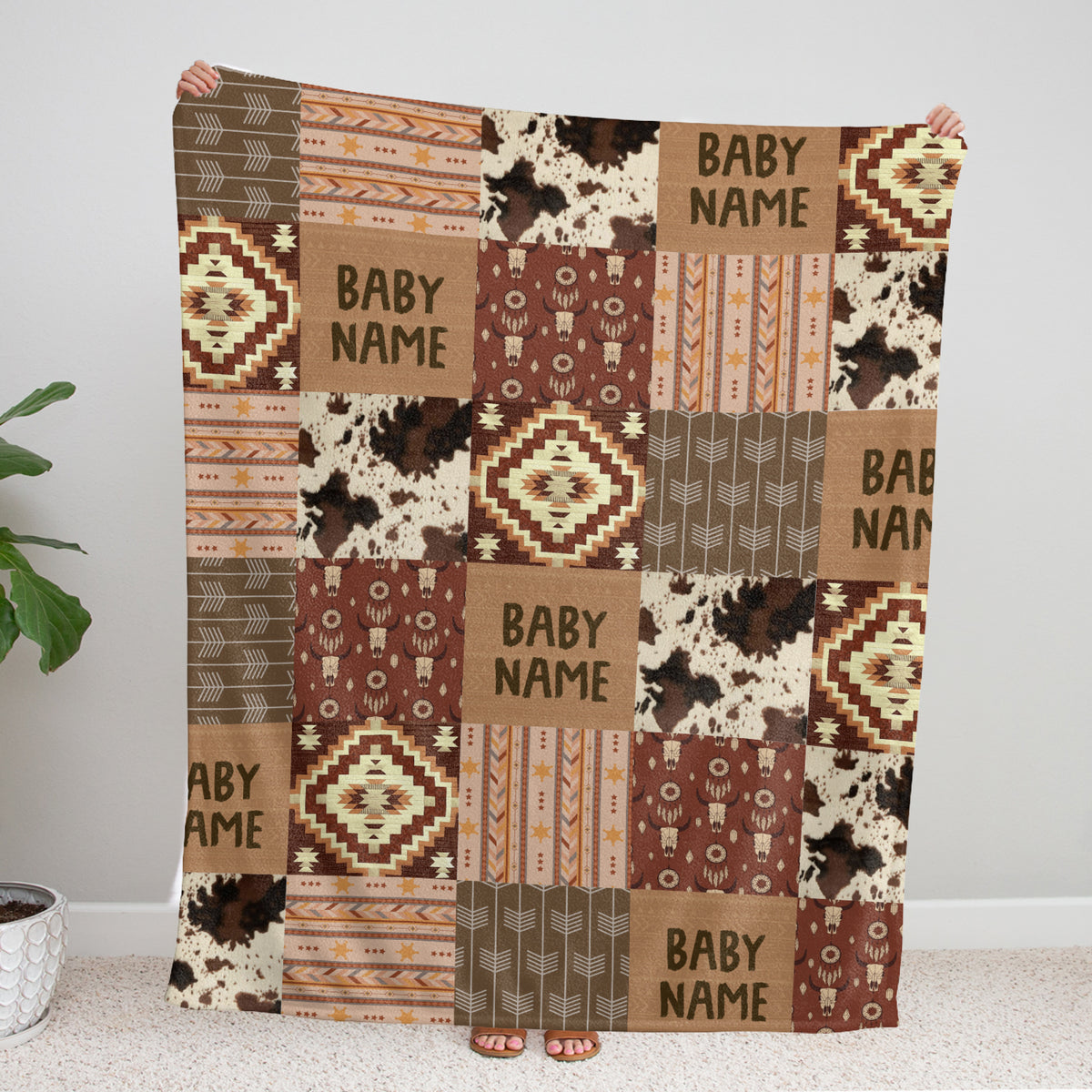 Personalized Baby Blankets for Boys Girls, Cowboy Baby Blanket Name, Swaddle Blanket with Cow Prints for Crib Stroller Travel Bed