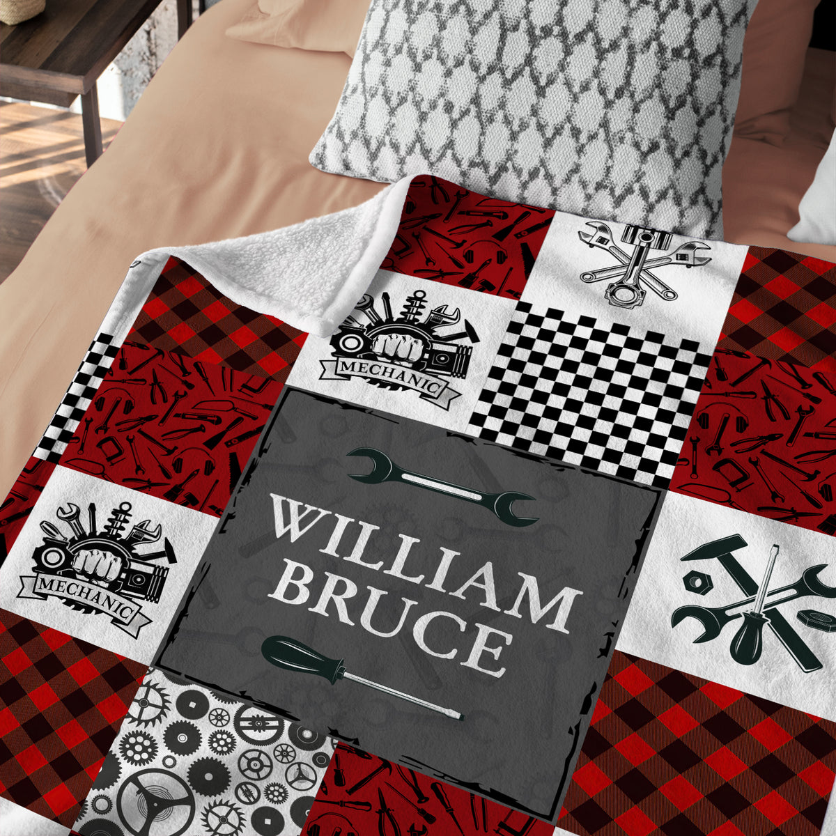 Personalized Baby Blankets for Boys Girls, Mechanic Baby Blankets, Baby Blanket with Name, Red Plush Blankets for Daughter Son Newborn Toddlers Kids