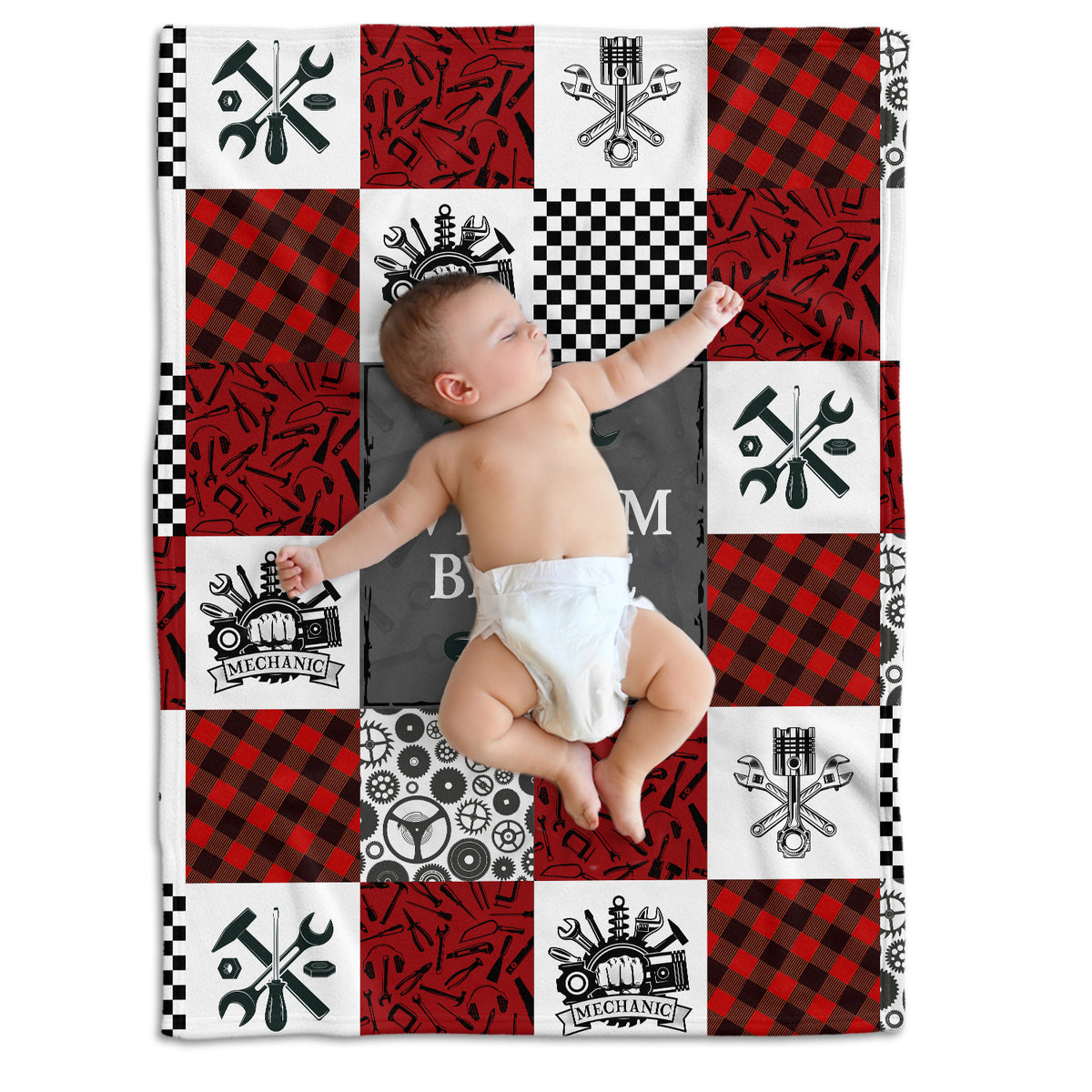 Personalized Baby Blankets for Boys Girls, Mechanic Baby Blankets, Baby Blanket with Name, Red Plush Blankets for Daughter Son Newborn Toddlers Kids