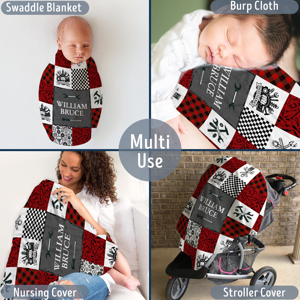 Personalized Baby Blankets for Boys Girls, Mechanic Baby Blankets, Baby Blanket with Name, Red Plush Blankets for Daughter Son Newborn Toddlers Kids