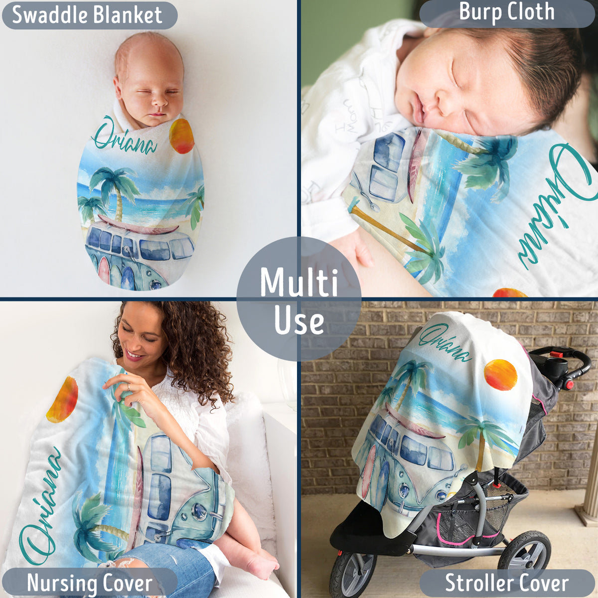 Personalized Baby Blankets for Boys & Girls - Newborn to Toddler, Custom Surfboard & Beach Swaddle Blankets, 3 Plush Sizes