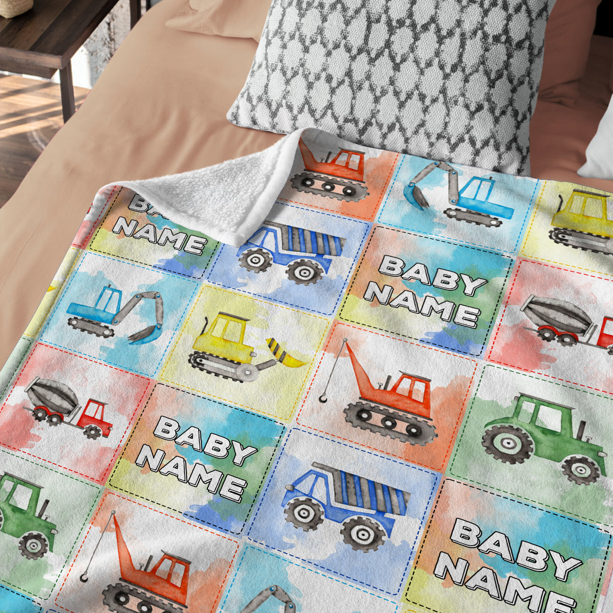 Personalized Baby Blankets for Boys, Truck Baby Blanket, Swaddle Blanket with Trucks, 3 Sizes Plush Blankets for Baby Boy Son