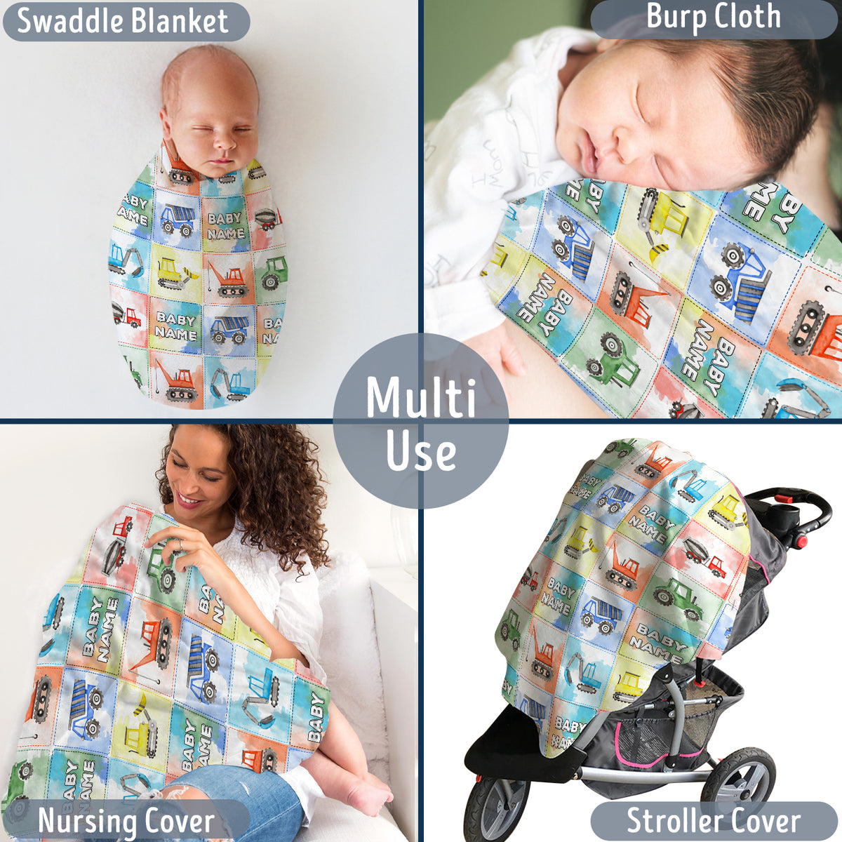 Personalized Baby Blankets for Boys, Truck Baby Blanket, Swaddle Blanket with Trucks, 3 Sizes Plush Blankets for Baby Boy Son