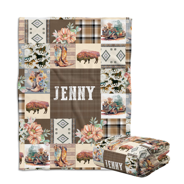 Personalized Baby Blankets for Girls And Boys, Cowboy Baby Blanket Name, Swaddle Blanket with Cow Prints for Crib Stroller Bed Travel