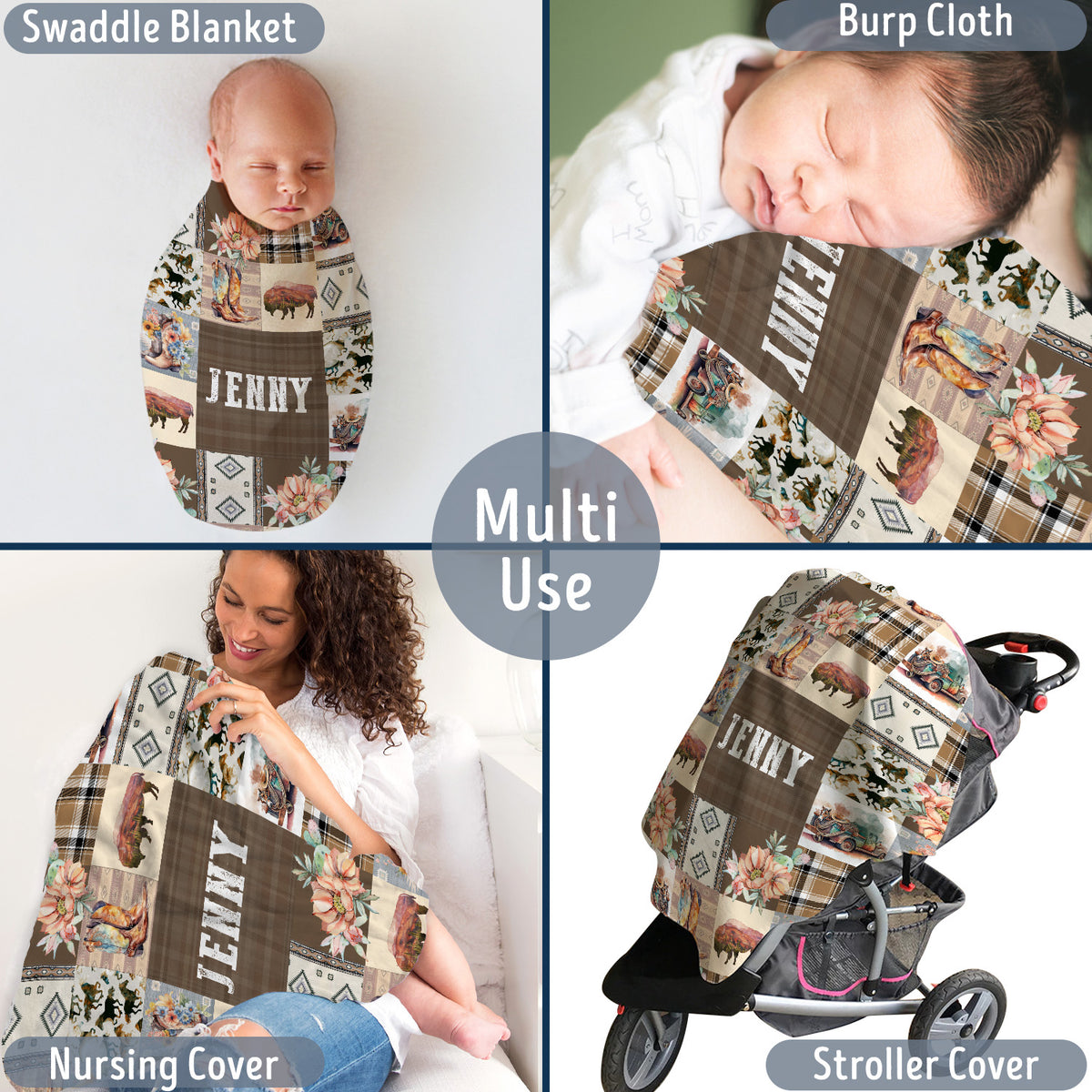 Personalized Baby Blankets for Girls And Boys, Cowboy Baby Blanket Name, Swaddle Blanket with Cow Prints for Crib Stroller Bed Travel