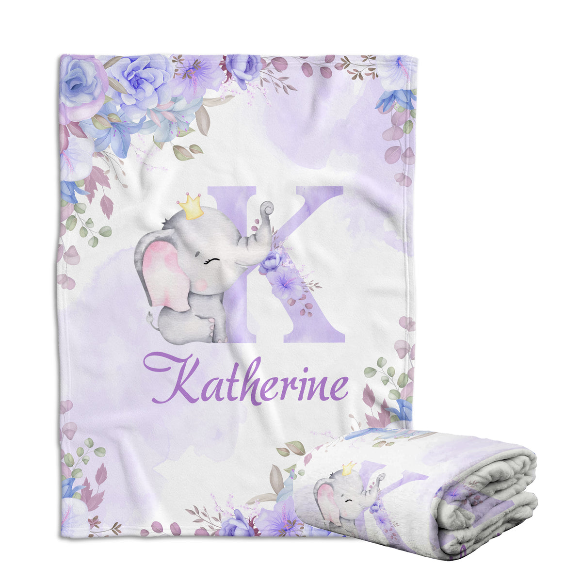 Personalized Baby Blankets for Girls, Elephant Baby Blankets for Girl, Purple Flowers Blankets, Custom Baby Blankets Initial Name