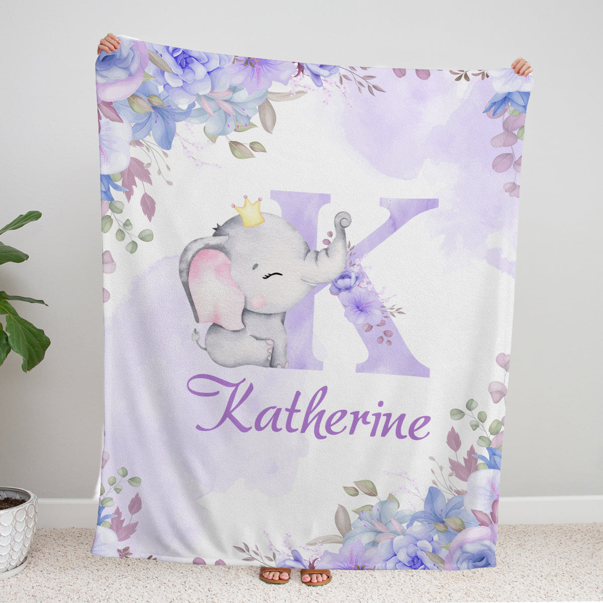 Personalized Baby Blankets for Girls, Elephant Baby Blankets for Girl, Purple Flowers Blankets, Custom Baby Blankets Initial Name