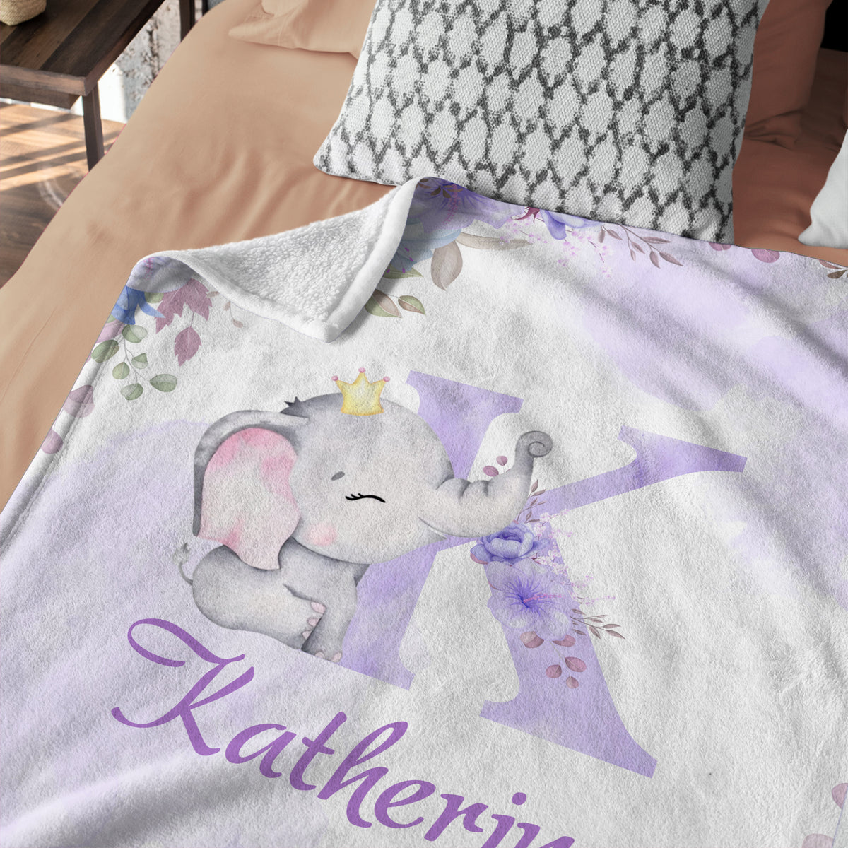 Personalized Baby Blankets for Girls, Elephant Baby Blankets for Girl, Purple Flowers Blankets, Custom Baby Blankets Initial Name