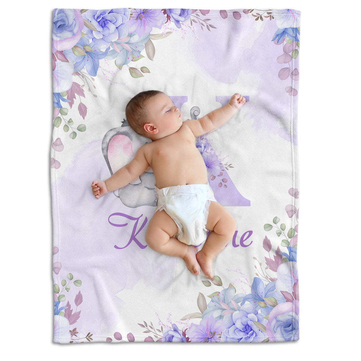 Personalized Baby Blankets for Girls, Elephant Baby Blankets for Girl, Purple Flowers Blankets, Custom Baby Blankets Initial Name