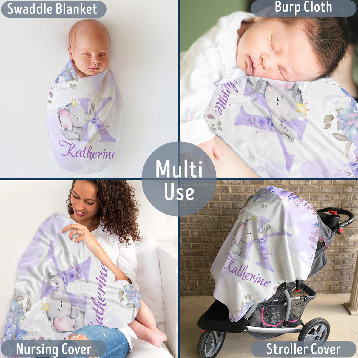 Personalized Baby Blankets for Girls, Elephant Baby Blankets for Girl, Purple Flowers Blankets, Custom Baby Blankets Initial Name