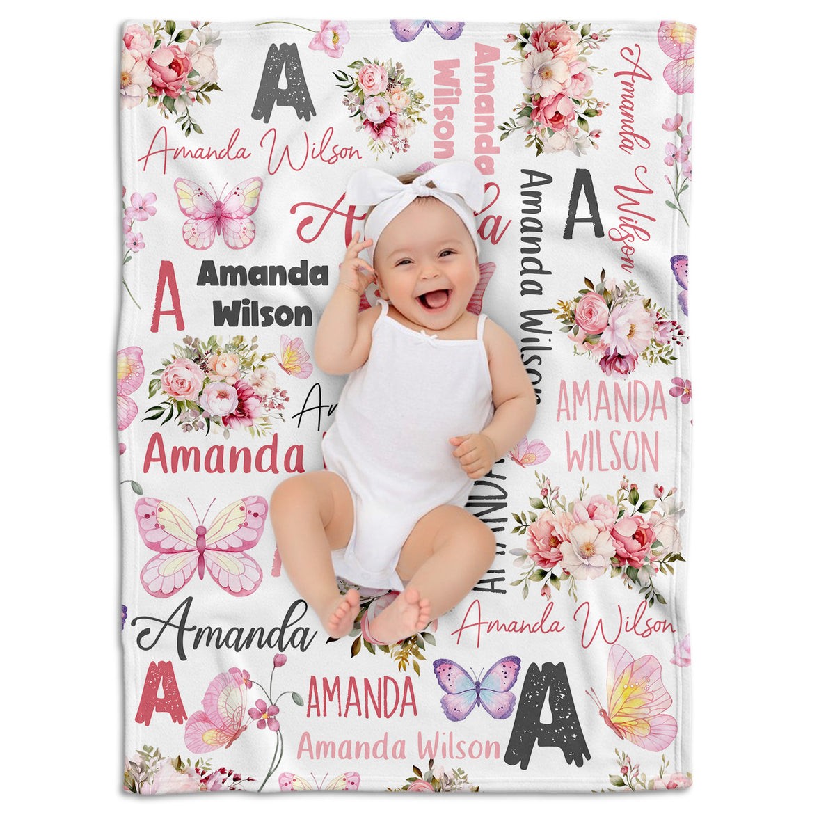Personalized Baby Blankets for Girls, Pink Baby Blankets Girl, Flowers Blankets Baby Girl, Custom Baby Blankets Initial Name, for Daughter Granddaughter