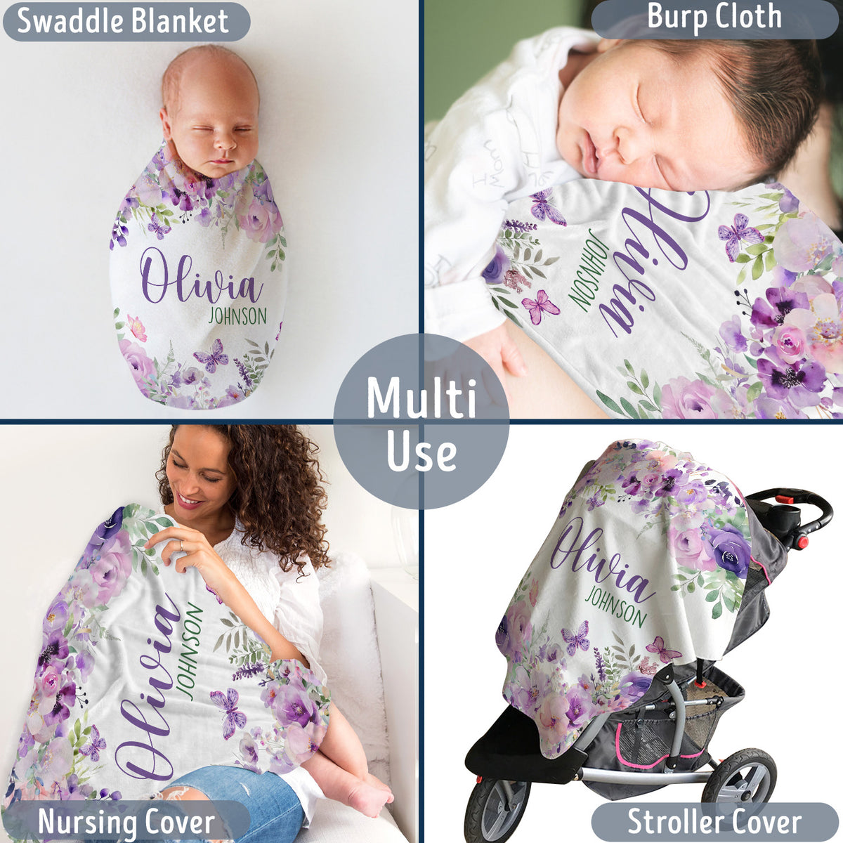 Personalized Baby Blankets for Girls, Purple Baby Blankets Girl, Purple Flowers Blankets, Custom Baby Blankets with Name, for Daughter Granddaughter