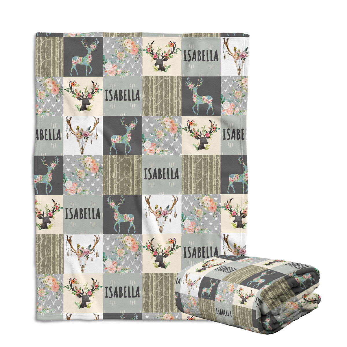 Personalized Baby Blankets for Girls - Woodland & Flowers, Custom Name, Deer & Swaddle Blanket, 3 Sizes Plush