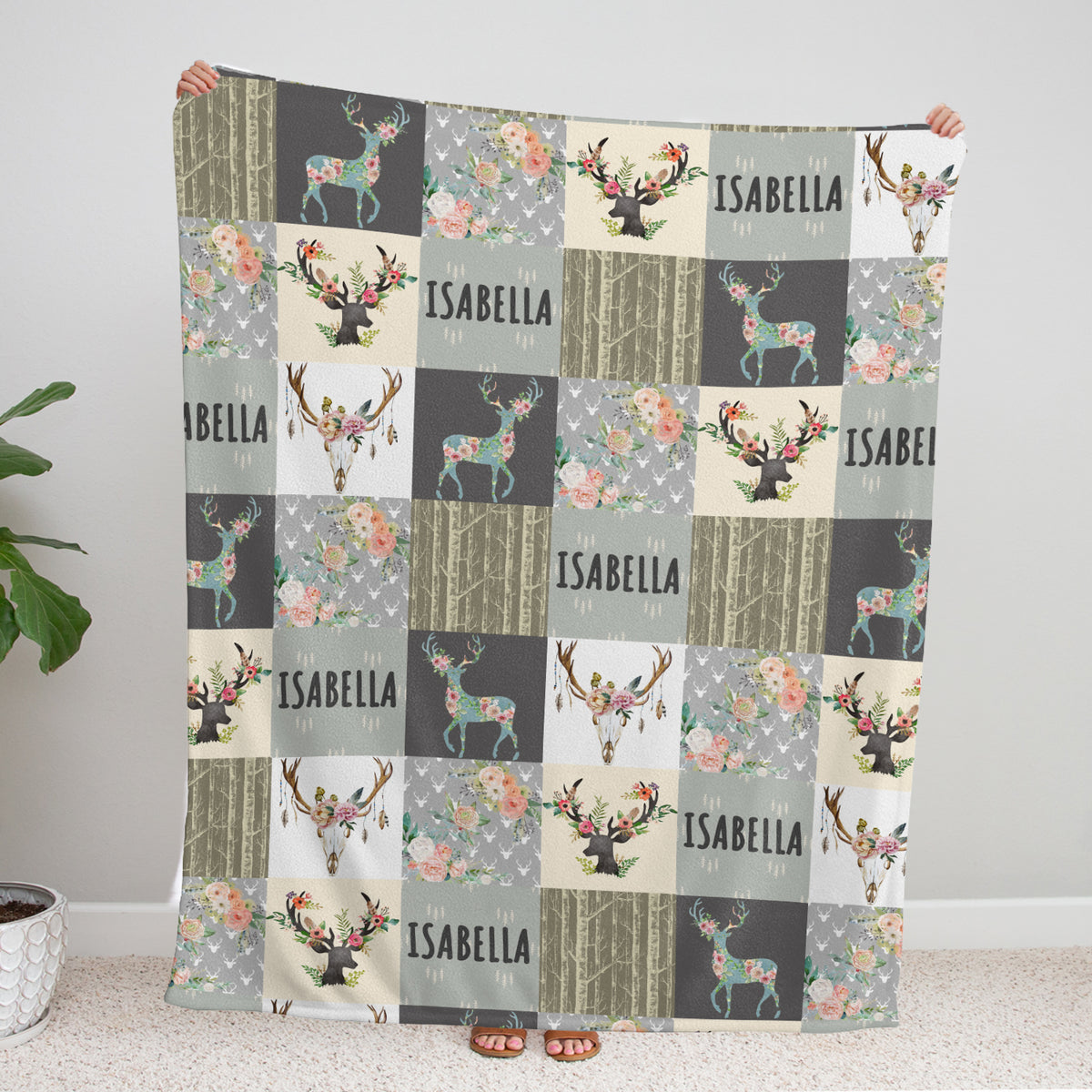 Personalized Baby Blankets for Girls - Woodland & Flowers, Custom Name, Deer & Swaddle Blanket, 3 Sizes Plush