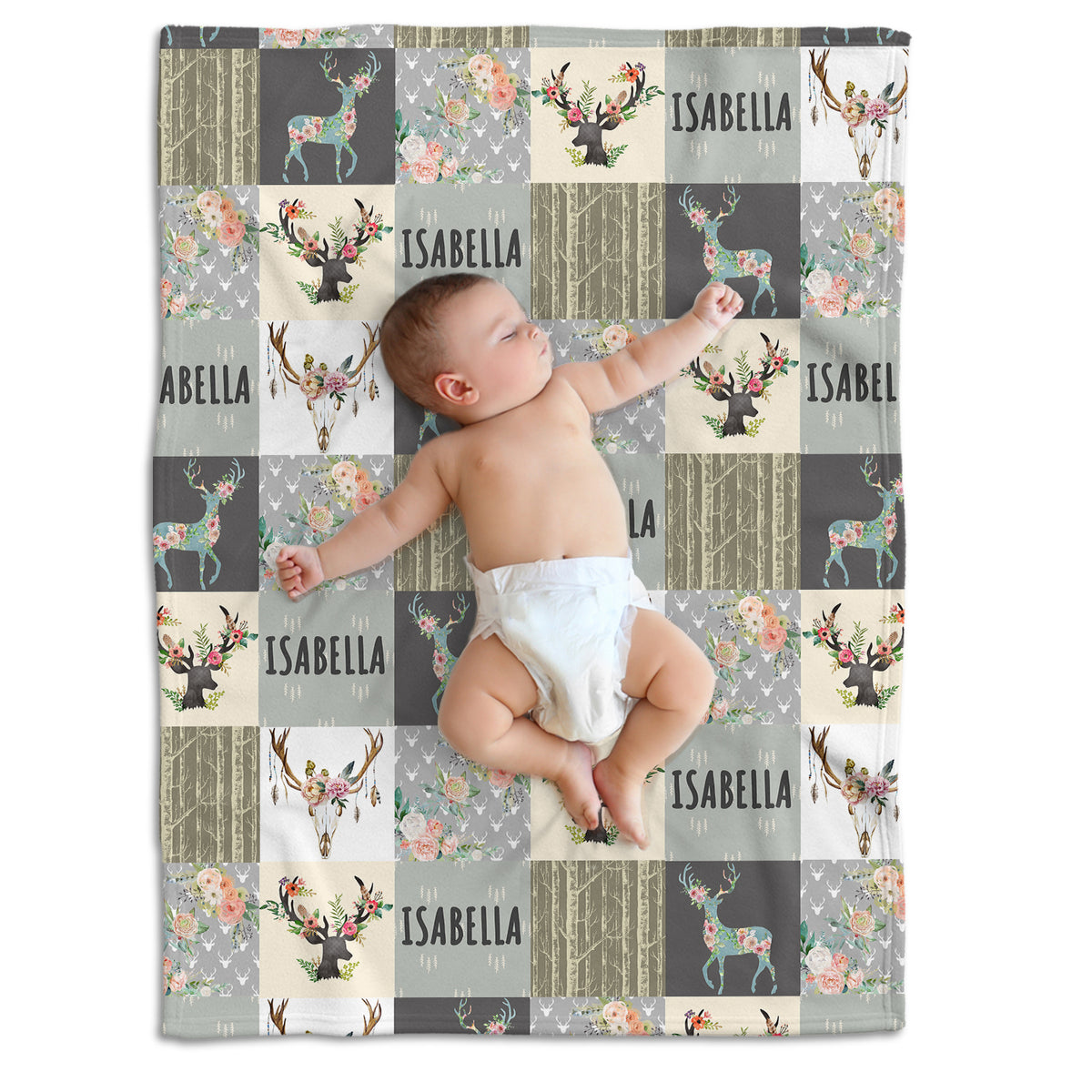 Personalized Baby Blankets for Girls - Woodland & Flowers, Custom Name, Deer & Swaddle Blanket, 3 Sizes Plush
