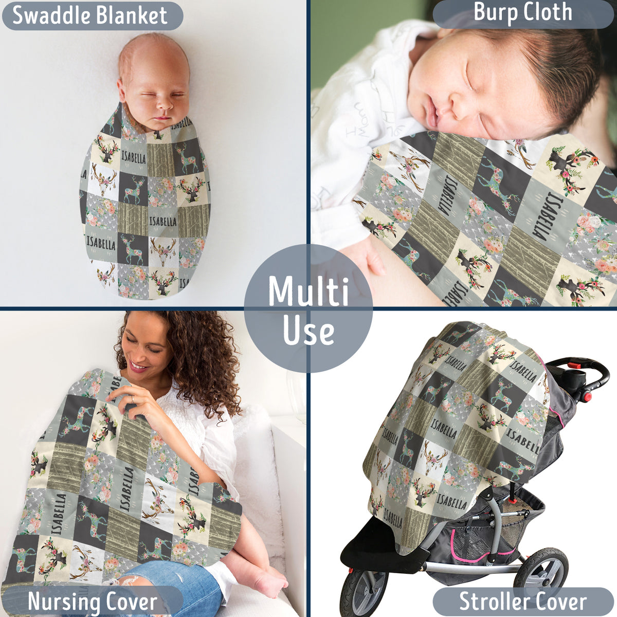 Personalized Baby Blankets for Girls - Woodland & Flowers, Custom Name, Deer & Swaddle Blanket, 3 Sizes Plush
