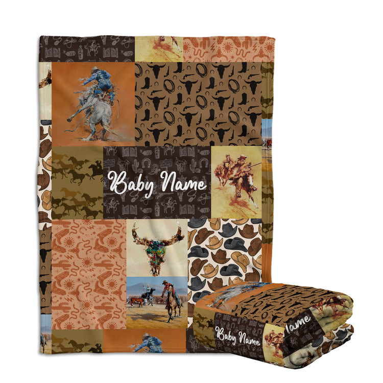 Personalized Baby Cowboy Blankets Pattern for Girls Boys, Baby Stuff, Custom Baby Blankets Name Fleece Blankets for Newborn Infant Son