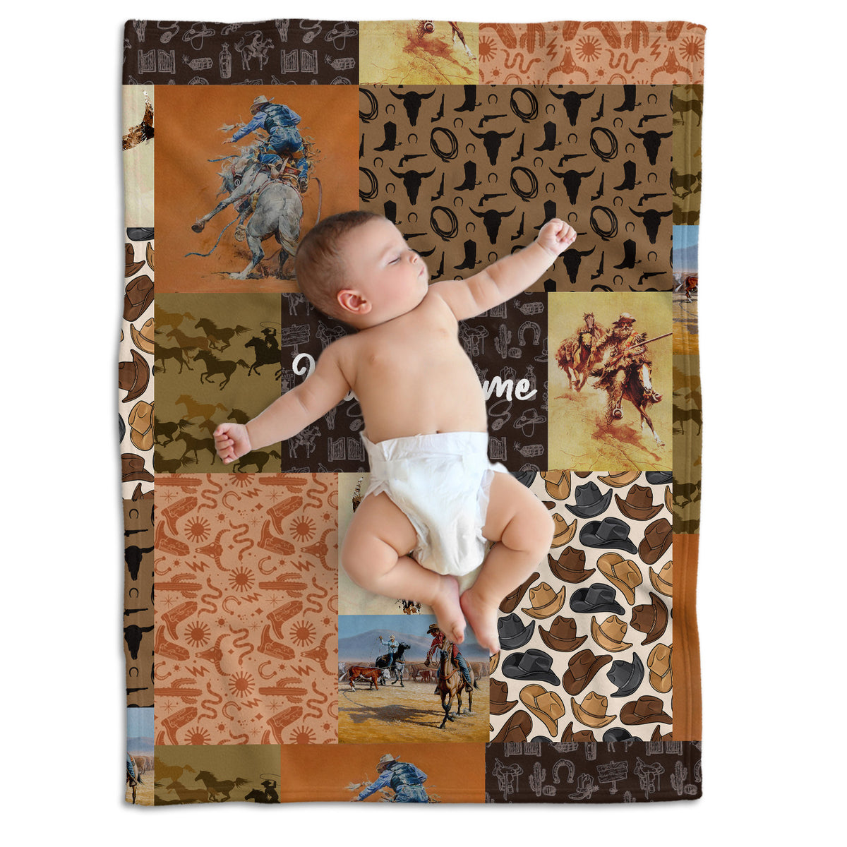 Personalized Baby Cowboy Blankets Pattern for Girls Boys, Baby Stuff, Custom Baby Blankets Name Fleece Blankets for Newborn Infant Son