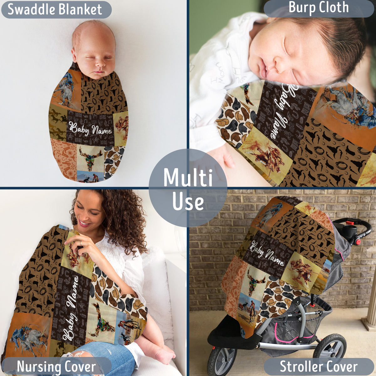 Personalized Baby Cowboy Blankets Pattern for Girls Boys, Baby Stuff, Custom Baby Blankets Name Fleece Blankets for Newborn Infant Son