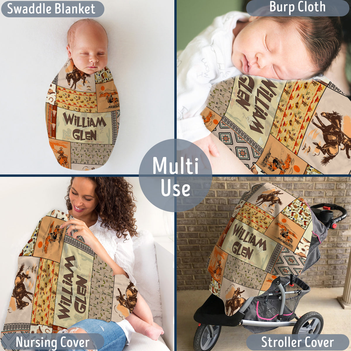 Personalized Baby Cowboy Blankets Pattern for Girls Boys, Baby Stuff, Custom Baby Blankets Name Fleece Blankets for Newborn Infant Son