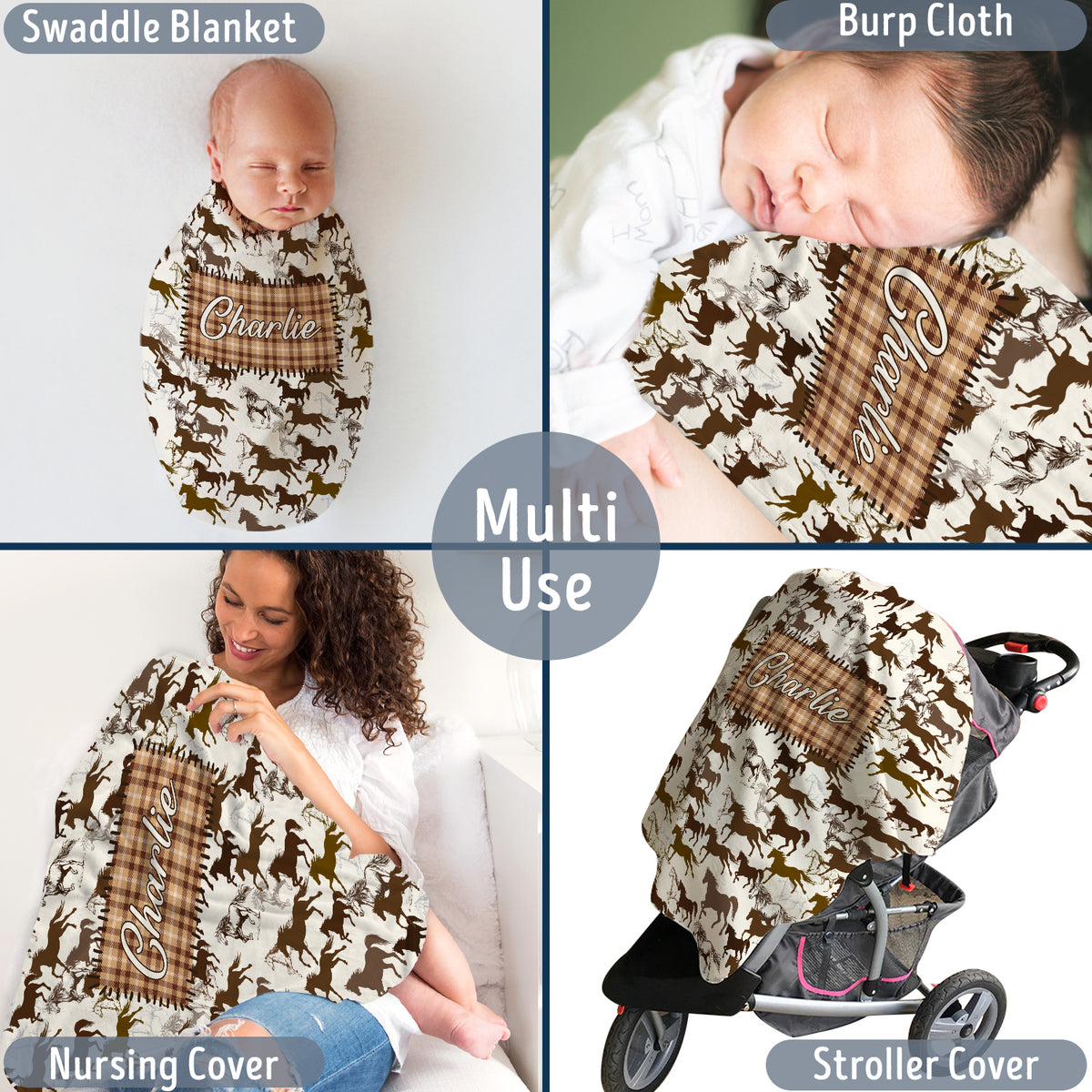 Personalized Baby Cowboy Blankets for Girls Boys, Baby Boy Stuff, Brown Custom Baby Blankets Name Fleece Blankets for Infant Newborn Son Daughter