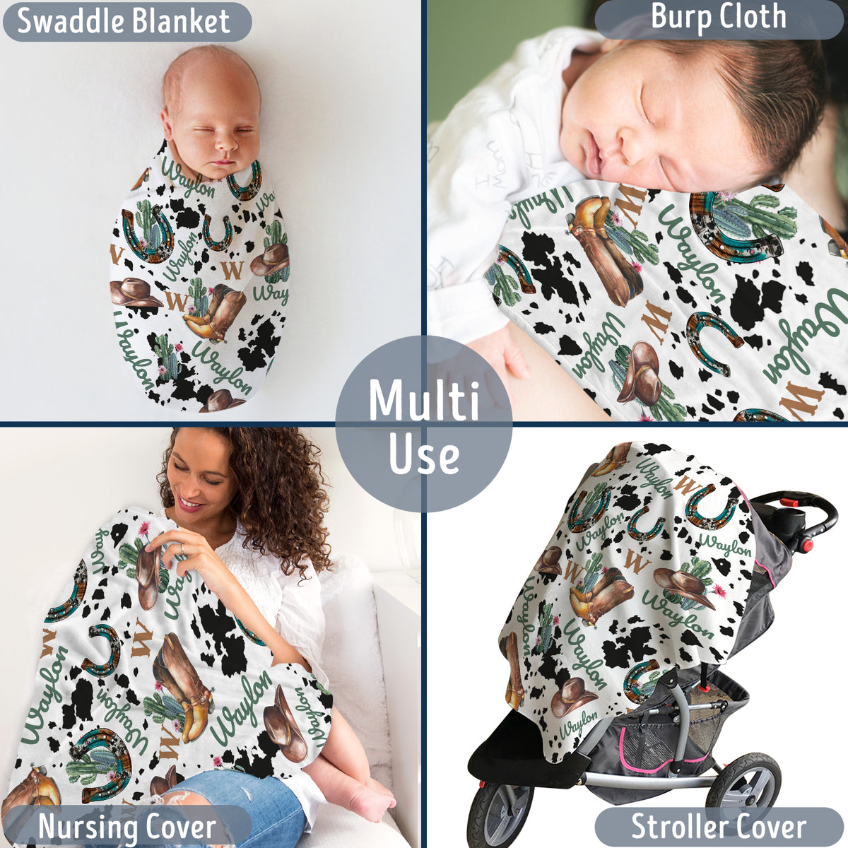 Personalized Baby Cowboy Pattern Blankets for Girls Boys, Baby Stuff, Custom Baby Blankets Name Fleece Blankets for Newborn Infant Son