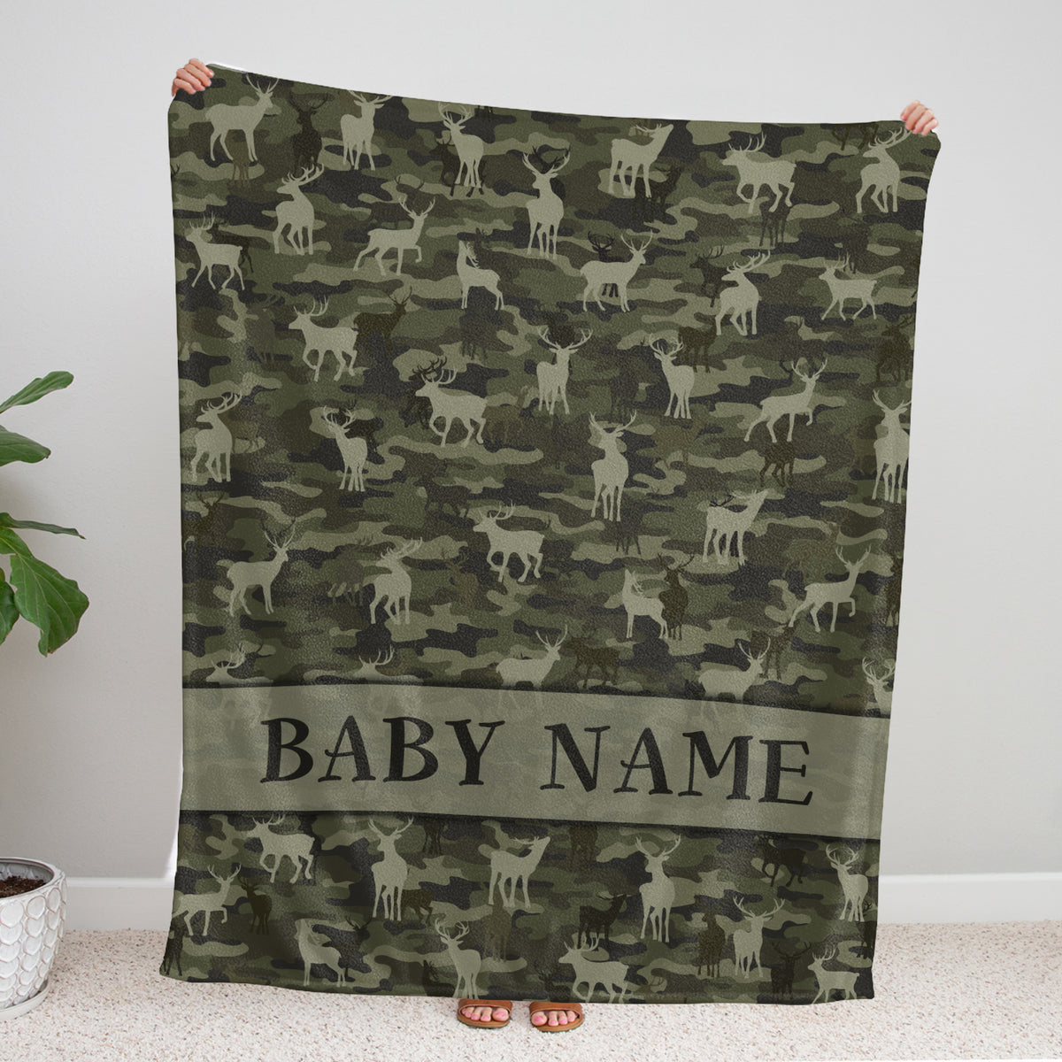 Personalized Baby Deer Camo Camouflage Blanket, 100% Soft and Silky Polyester, Unisex, Modern, Animal Theme, Skin Friendly, Breathable, Lightweight