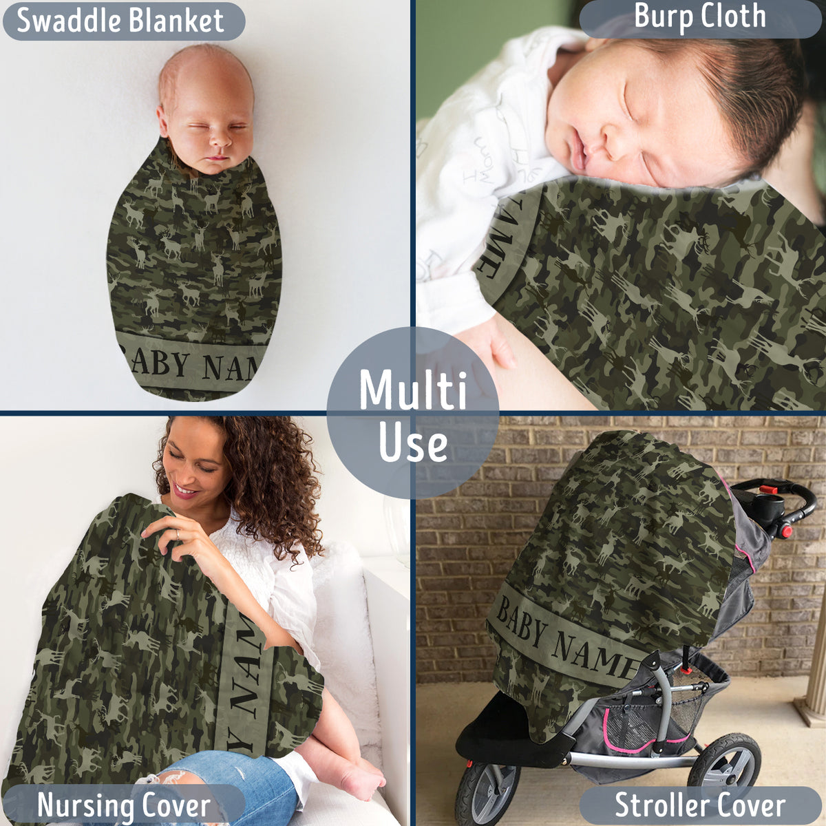 Personalized Baby Deer Camo Camouflage Blanket, 100% Soft and Silky Polyester, Unisex, Modern, Animal Theme, Skin Friendly, Breathable, Lightweight