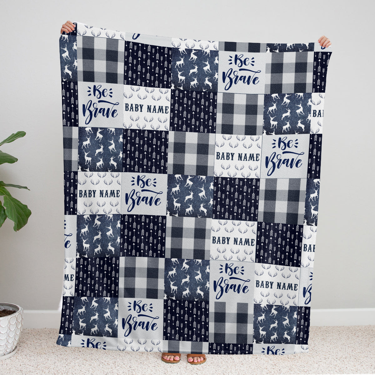 Personalized Baby Deer Woodland Blanket, 100% Soft Polyester, Blue, Plaid, Unisex, Baby, Swaddle, Customizable, Lightweight