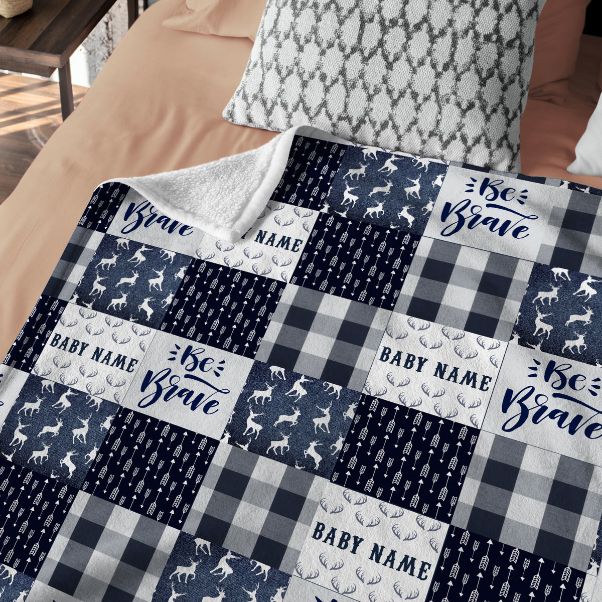 Personalized Baby Deer Woodland Blanket, 100% Soft Polyester, Blue, Plaid, Unisex, Baby, Swaddle, Customizable, Lightweight