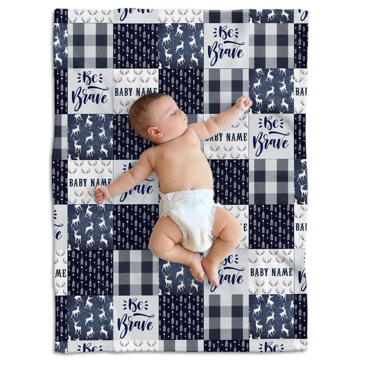 Personalized Baby Deer Woodland Blanket, 100% Soft Polyester, Blue, Plaid, Unisex, Baby, Swaddle, Customizable, Lightweight