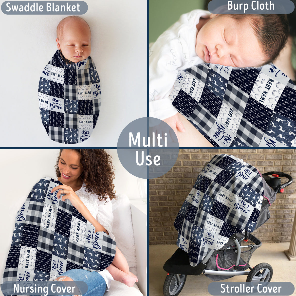 Personalized Baby Deer Woodland Blanket, 100% Soft Polyester, Blue, Plaid, Unisex, Baby, Swaddle, Customizable, Lightweight