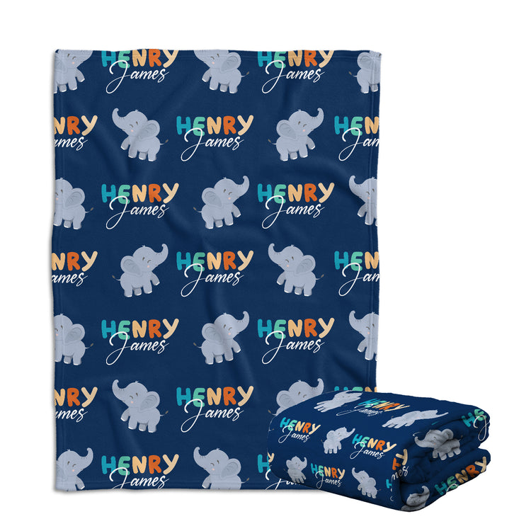 Personalized Baby Elephant Blanket, Blue Swaddle Blanket, 3 Sizes Plush Blankets for Baby Newborn Infant, Gift For Baby