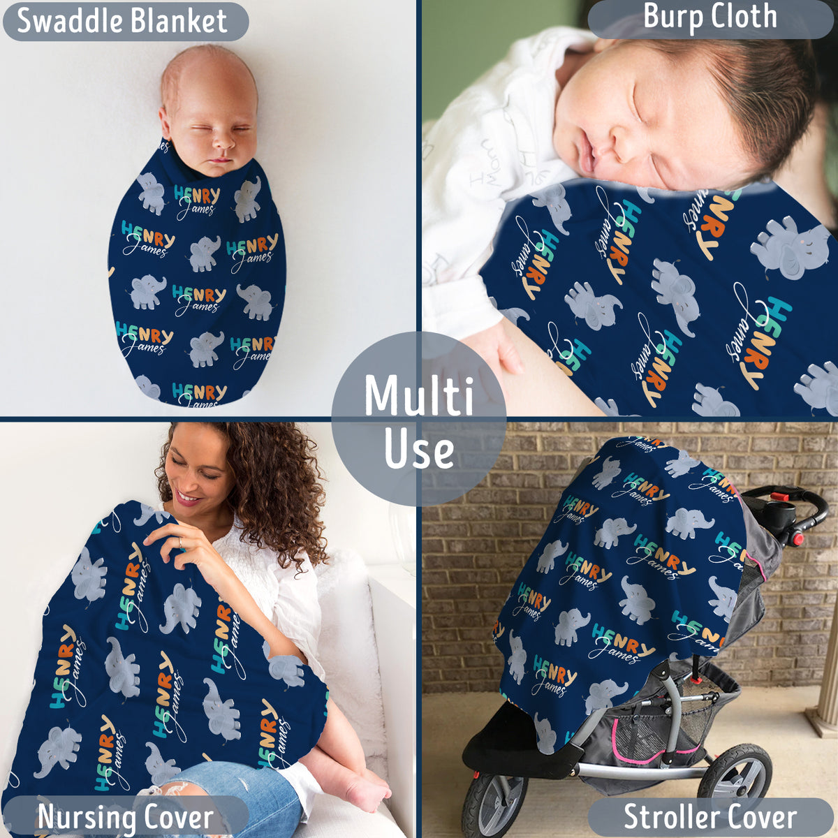 Personalized Baby Elephant Blanket, Blue Swaddle Blanket, 3 Sizes Plush Blankets for Baby Newborn Infant, Gift For Baby