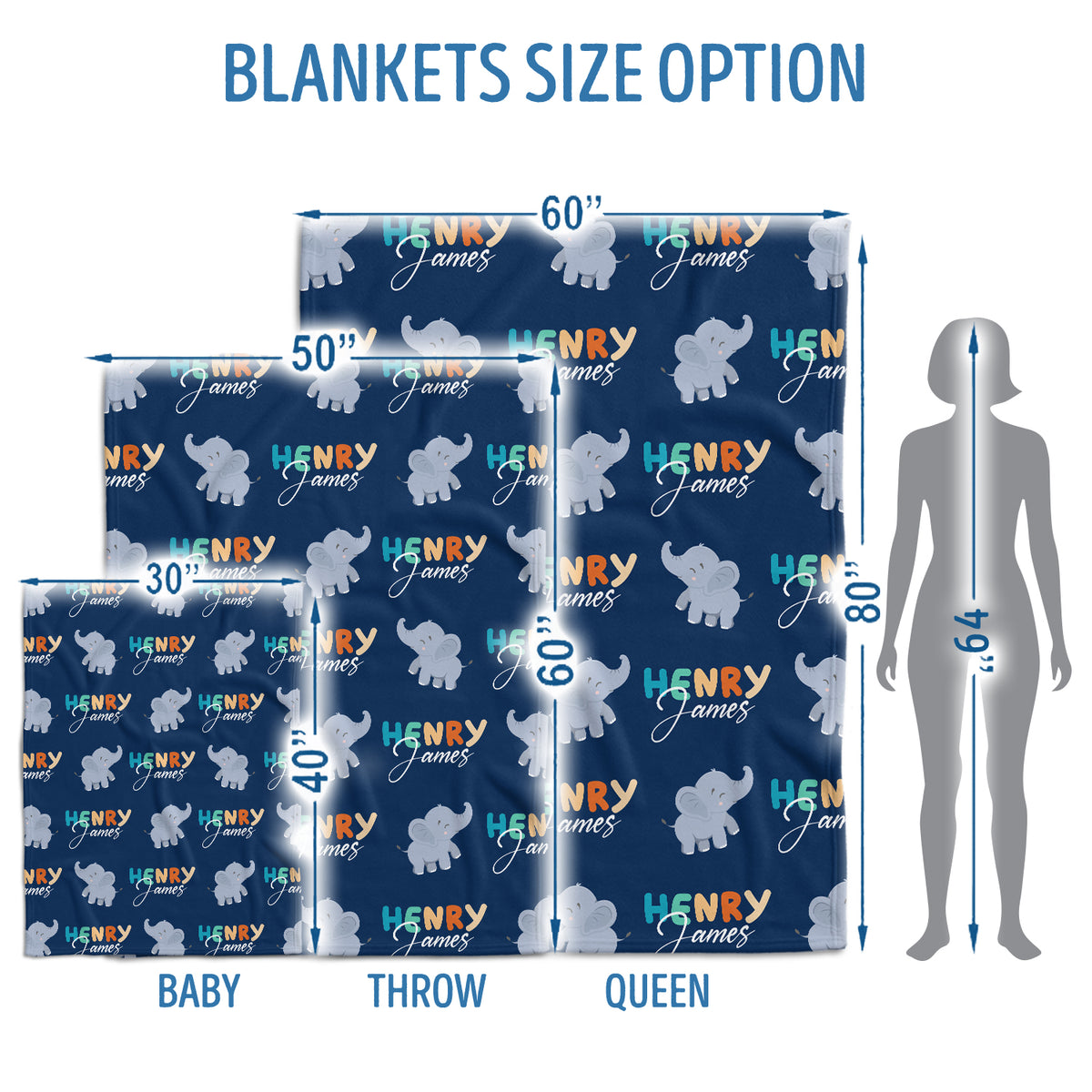 Personalized Baby Elephant Blanket, Blue Swaddle Blanket, 3 Sizes Plush Blankets for Baby Newborn Infant, Gift For Baby