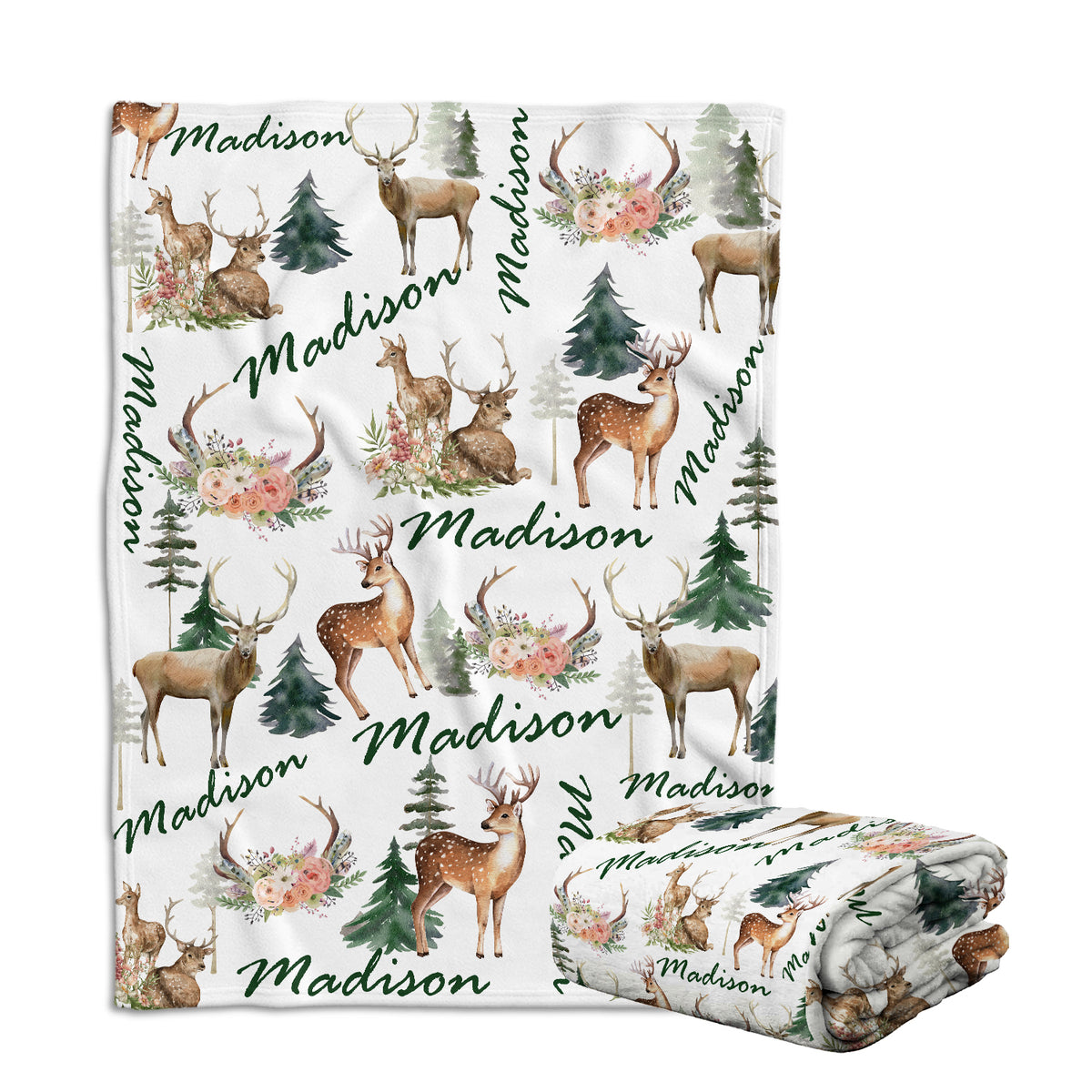Personalized Baby Girl Deer Blankets, Customized Polyester Throw Blankets, 3 Sizes, White, Navy Blue