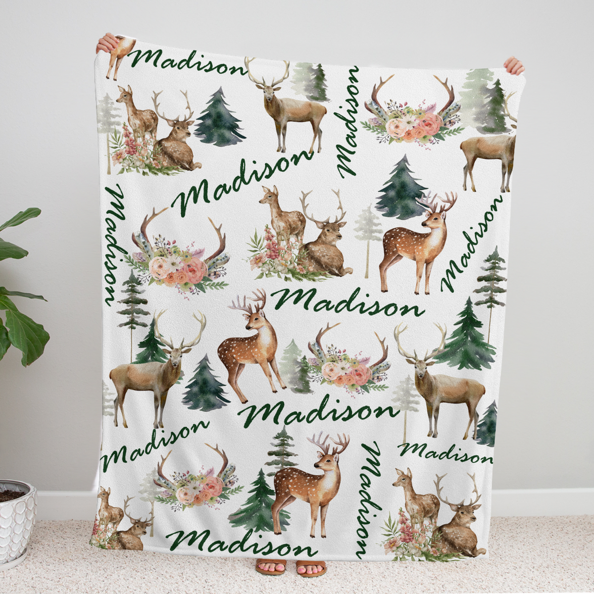 Personalized Baby Girl Deer Blankets, Customized Polyester Throw Blankets, 3 Sizes, White, Navy Blue